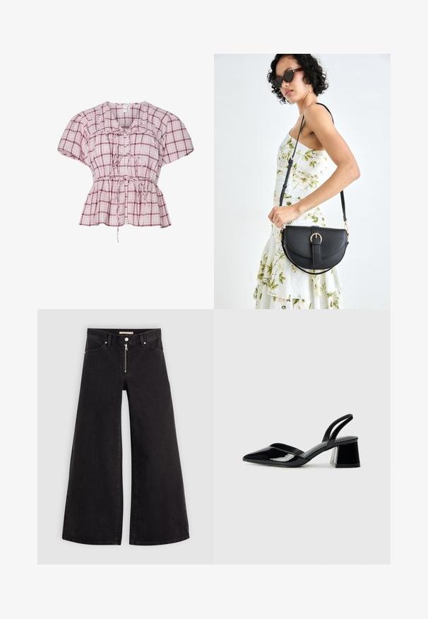 Blusa peplum com mangas curtas em padrão de xadrez rosa claro e branco. Apresenta um laço na parte da frente, franzidos na cintura e material de algodão suave.; Calças de ganga de perna larga em denim preto com fecho éclair à frente, design de cinco bolsos e detalhes de costura subtil. Textura suave e estilo casual.; Sandy em verniz preto com salto slingback, ponta afilada e salto geométrico. Apresenta um design elegante e minimalista com textura suave.; Bolsa de couro preta com forma curva, alça destacável e detalhes em dourado. A bolsa possui uma aba com detalhe de fivela.