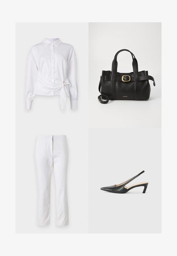 Cămașă albă cu mâneci lungi, cu un design înfășurat și detaliu cu fundă la talie, fabricată dintr-un material ușor din bumbac.; Pantaloni din bumbac alb, cu un design drept, având talie medie și fără hardware sau modele vizibile. Textură uniformă pe întreaga suprafață.; Pantof cu toc mic, cu vârf ascuțit și slingback, realizat din piele netedă, având un design decupat pe lateral pentru respirabilitate.; Geantă de mână din piele neagră, cu un design structurat, mânere superioare duale, accent cu cataramă aurie și logo-ul brandului embosat în față.