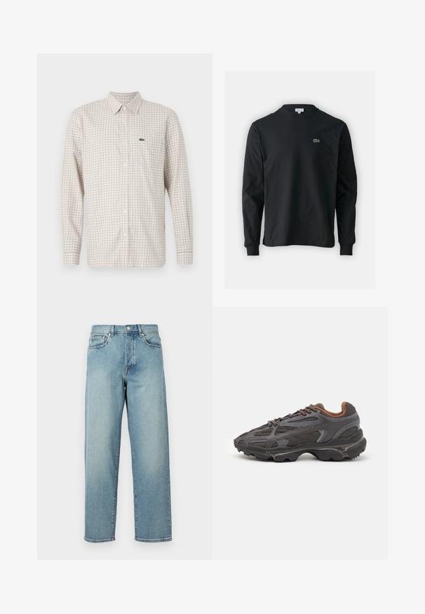 Lange mouwen geblokte shirt in lichtbeige en bruin, gemaakt van katoen, met een button-down kraag en een klein merklogo op de borst.; Zwarte longsleeve t-shirt van katoen, met een ronde halslijn en een klein groen geborduurd krokodillenlogo op de linkerborst.; Lichtblauwe denim jeans met een losse pasvorm, rechte pijpen, een vijfzakkenontwerp en een knoopsluiting bij de taille. Minimalistische stikdetails.; Lacoste sneakers in donkergrijs van mesh en synthetisch materiaal, met een gestructureerde zool en bruine accenten op de kraag en branding.