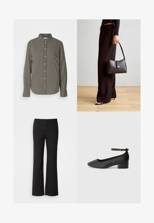 Marc O'Polo CASUAL FIT KENT COLLAR PRINT - Button-down blouse - black white; Black cotton blend trousers with a straight-leg design, front button closure, and two side pockets. Smooth texture, no visible patterns.; Black leather pump with a pointed toe and a low block heel. Features an ankle strap with a gold-tone buckle. Smooth texture.; Black handbag with structured shape, smooth texture, and a metallic clasp. Paired with wide black pants and open-toe sandals on wooden floor.