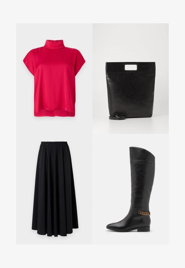 Rotes Kurzarmoberteil mit hohem Hals, aus glattem Stoff gefertigt. Es hat eine lockere Passform und einen Reißverschluss auf der Rückseite. Einfaches Design ohne Muster.; Schwarzer, bodenlanger Rock aus weichem Stoff mit breitem, gerafftelastischem Bund und glattem, fließendem Design. Keine Muster oder Akzente.; Hohe schwarze Lederstiefel mit elegantem Design, spitzer Zehe und einem goldenen Kettenakzent am Knöchel. Tiefer Blockabsatz. Glatte Textur.; Schwarze Leder-Tote-Tasche mit einem quadratischen Griff, ausgestattet mit einer strukturierten Oberfläche und geprägtem Logo. Inklusive abnehmbarem Tragegurt.