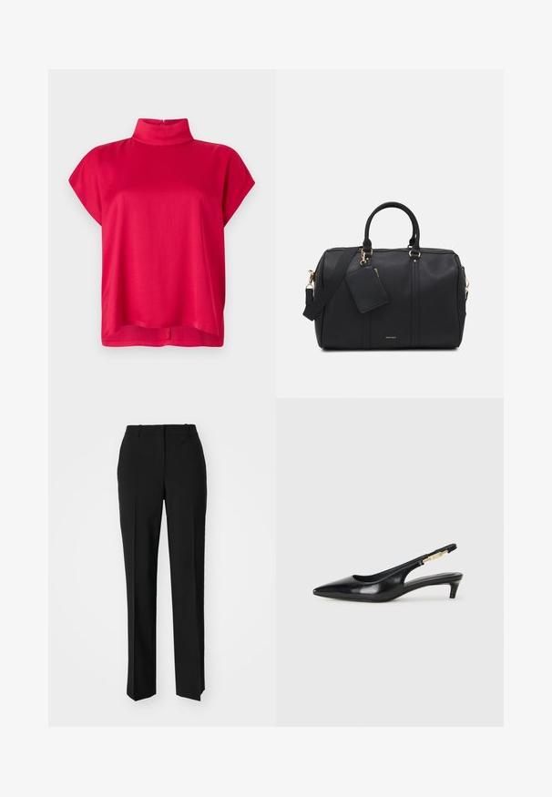 Top vermelho de mangas curtas com gola alta, feito de tecido suave. Apresenta um corte descontraído e fecho nas costas. Design simples, sem padrões.; Calças pretas de corte ajustado com um design de perna reta, apresentando uma textura lisa e pregas bem definidas na frente. Sem hardware visível.; Saltos slingback em couro preto com bico fino, apresentando um salto esguio e um detalhe em tom dourado na alça ajustável. Textura suave.; Mala de desporto em imitação de pele preta com pormenores em dourado, alças duplas superiores, alça de ombro ajustável e um bolso para etiqueta removível.