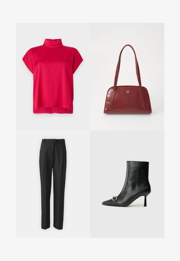 Červený top s krátkým rukávem a vysokým límcem, vyrobený z hladké tkaniny. Má volný střih a zip na zadní straně. Jednoduchý design bez vzorů.; Černé kalhoty na míru vyrobené z lehkého materiálu, s rovnými nohavicemi, plochým předním dílem a poutek na opasek. Hladký povrch bez viditelných vzorů.; Černá kožená kotníková bota s špičatou špičkou, úzkým středně vysokým podpatkem a stříbrnou sponou na straně, na jednobarevném pozadí.; Červená prošívaná kabelka vyrobená z lesklého materiálu, se dvěma dlouhými uchy a akcentem stříbrného loga. Diagonální švy vytvářejí texturu.
