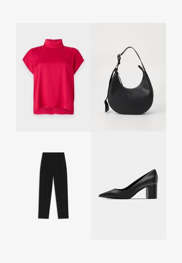 Top rosso a maniche corte con colletto alto, realizzato in tessuto morbido. Presenta una vestibilità comoda e una cerniera sul retro. Design semplice senza stampe.; Pantaloni neri a taglio dritto, con doppie pieghe, una texture liscia e un design classico in vita. Nessun hardware o dettaglio visibile.; Decolleté in pelle nera con punteggiatura e tacco quadrato spesso. Texture liscia, design semplice, adatto per ambienti formali.; Borsa a spalla in pelle nera con forma curva, chiusura con zip e tracolla regolabile. Presenta il logo del marchio impresso sulla parte anteriore.