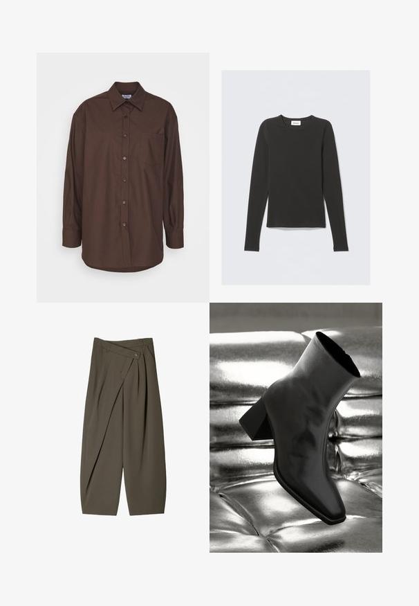 Brun langærmet skjorte med button-down krave, brystlomme og buet kant. Lavet af vævet stof med en glat tekstur.; Sort langærmet t-shirt med rund hals og et lille hvidt mærke med teksten "WEEKDAY" indeni kraven, præsenteret på en lys baggrund.; Bredde-bukser i mørke olivengrønne stoffer, med en plisseret frontdesign, en knaplukning og en poleret, struktureret overflade.; Sorte ankelstøvler lavet af glossy materiale med firkantet tå og spidse hæle, sat mod en skinnende sølv tuftet baggrund.