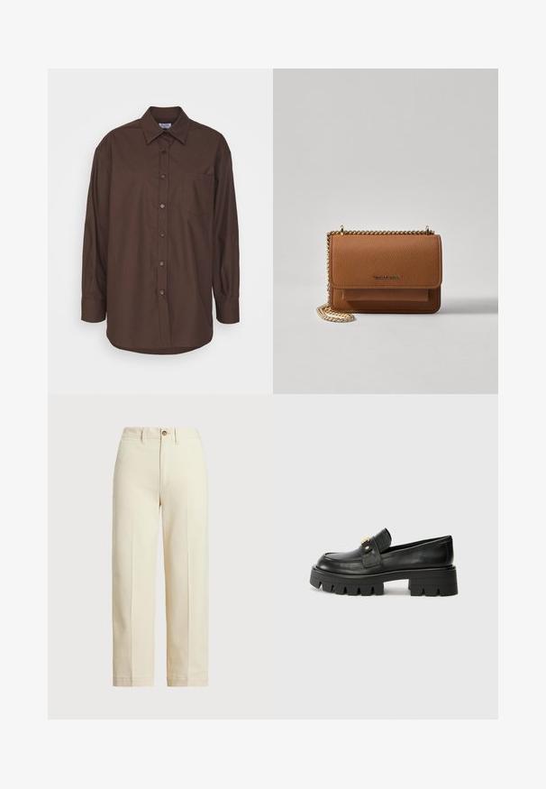 Brown long-sleeve shirt with a button-down collar, chest pocket, and curved hem. Made of woven fabric with a smooth texture.; Beige trousers made of cotton, featuring a straight cut, a single button closure, and visible front creases. Clean hem and no patterns.; Black leather loafers with a chunky sole, featuring a gold-tone accent on the front and a smooth finish. Chunky tread design on the sole.; Brown textured leather crossbody bag with gold chain strap and flap closure. Front features logo detail and a pocket under the flap.