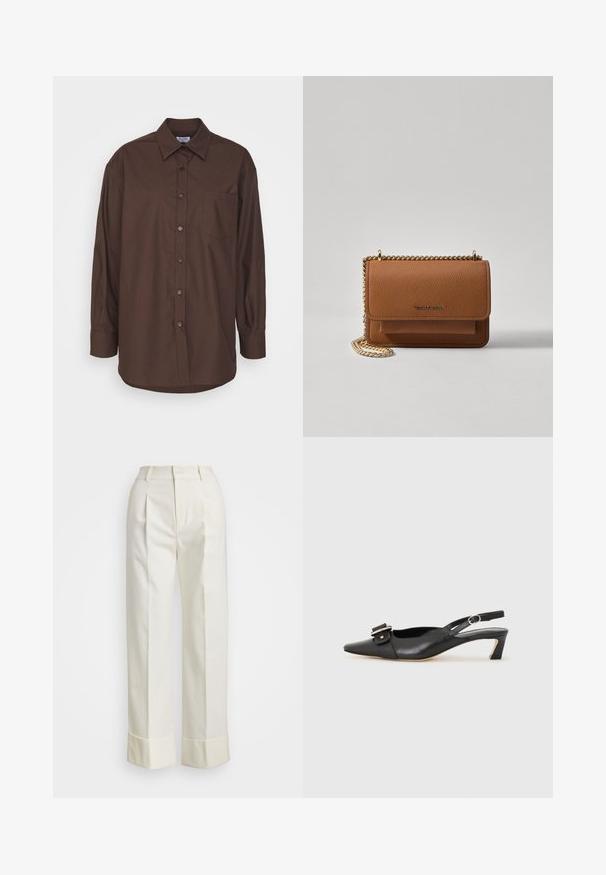 Brun langærmet skjorte med button-down krave, brystlomme og buet kant. Lavet af vævet stof med en glat tekstur.; Hvide skræddersyede bukser med høj talje, dobbelte frontfolder og vide ben med opfoldede manchetter. Fremstillet af en glat, struktureret stof.; Sorte læder slingback sko med spidse tæer, lille hæl og dekorativ spænde detalje på overdelen. Glat tekstur, minimalistisk design.; Brun tekstureret læder crossover-taske med guldkæde-rem og klaplukning. Forsiden har logo-detalje og en lomme under klappen.
