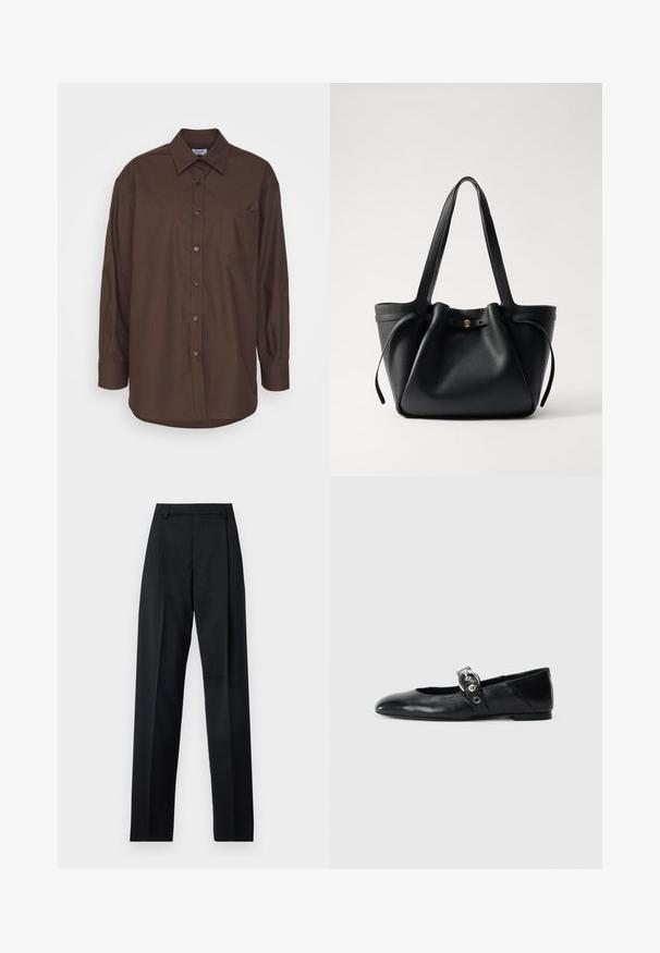 Ruskea pitkähihaisuus paita, jossa on nappikaulus, rintatasku ja kaareva helma. Valmistettu kudotusta kankaasta, joka on sileä ja miellyttävä koskettaa.; Musta housut, jotka on valmistettu sileästä kankaasta ja joissa on korkea vyötärö, leveät lahkeet, etukaarteet ja klassiset vyölenkit. Ei näkyviä sivutaskuja.; Mustat nahka ballet-mokkasiinit, joissa on kärjellinen muoto, ympyrämäinen metallinen solki ja tasapohja.; Mustan nahkatote-bag, jossa on kaksi pitkää kantohihnaa, nyöri ylhäällä ja kultainen pyöreä koriste. Silkkinen pinta ja minimalistinen muotoilu.