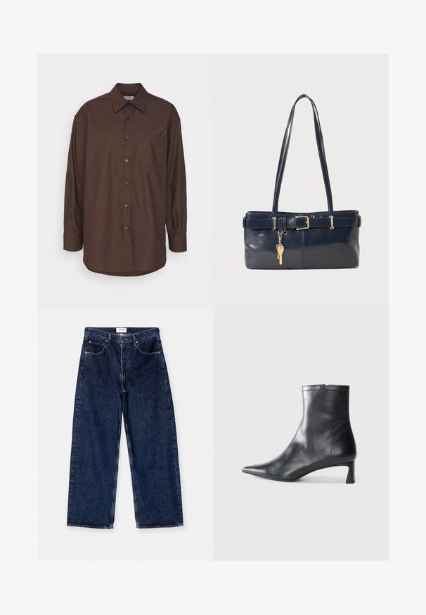 Cămașă lungă maro cu mâneci lungi, guler cu nasturi, buzunar pe piept și tiv curbat. Confecționată dintr-un material țesut cu o textură netedă.; Blugi de denim bleu închis, cu picioare largi, care prezintă o talie înaltă, buzunare frontale și o textură netedă cu accente subtile de cusături.; Cizmă de gleznă din piele neagră cu vârf ascuțit și un design elegant. Dispune de un toc mic și de o închidere cu fermoar la spate. Textură netedă.; Geantă de piele bleumarin cu două mânere lungi, detaliu cu cataramă și un breloc atașat. Are o textură netedă și o formă rectangulară.