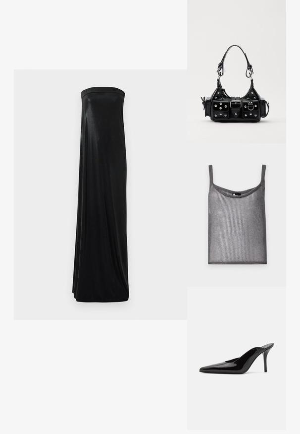 Szary bezrękawnik wykonany z miękkiego, teksturowanego dzianinowego materiału, charakteryzujący się luźnym krojem i okrągłym dekoltem. Posiada cienkie ramiączka.; Czarna maksidługa sukienka bez ramiączek wykonana z gładkiego, błyszczącego materiału. Posiada dopasowany górny fason i swobodny krój, sięgający ziemi bez ozdób.; Czarne lakierowane mule na wysokim obcasie z wąskim noskiem i elegancką sylwetką, charakteryzujące się otwartym tyłem i smukłym szpilką.; Czarna skórzana torebka w zakrzywionym kształcie, z srebrnymi ćwiekami, klamrą i dwoma bocznymi kieszeniami. Regulowany pasek umożliwiający różne opcje noszenia.