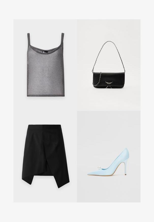 Hallide hallkaelusega hall ilma varrukateta särk, mis on valmistatud pehmest ja tekstuurist kootud kangast ning millel on vabalt langev lõige. Omab õhukesi õlavarre rihmu.; Must mustreid mustikaliine seelik, millel on siledad tekstuurid, terav kolmnurkne äär ja minimalistlik disain. Lame vöökoht, nähtavat riistvara pole.; GIABORGHINI Kõrge kontsaga kingad - blue; Mustvalge nahk käekott hõbedase ahelsanga ja dekoratiivsete tiivaaktsentidega, samuti valgete õmblustega alumises ühenduses.