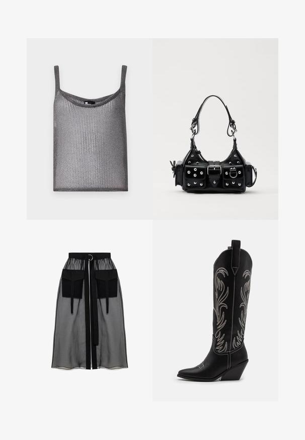 Szürke, ujjatlan felső, puha, texturált kötött anyagból készült, laza szabású és kerek nyakú. Vékony vállpántokkal rendelkezik.; Fekete áttetsző szoknya ráncolt derékrésszel, két nagy elülső zsebbel, derékpánttal és kör alakú fém díszítéssel.; Fekete bőr cowboy csizmák hegyes orral, wedge sarkakkal és ezüst hímzett virágmintákkal a szár mentén. Kontraszt varrás az egész csizmán.; Fekete bőr kézitáska ívelt designnal, ezüst szegecsekkel, csattal és két oldalsó zsebbel. Állítható vállpánt a hordozási lehetőségekhez.