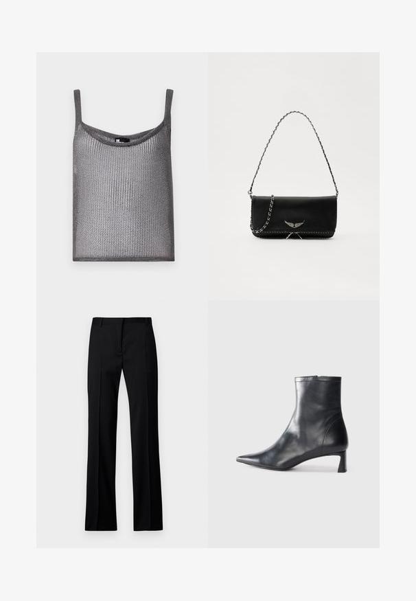 Top grigio senza maniche realizzato in un morbido tessuto a maglia testurizzata, con vestibilità ampia e scollatura rotonda. Presenta spalline sottili.; Pantaloni neri a gamba dritta in tessuto liscio, con vita piatta, passanti per la cintura e senza tasche visibili o decorazioni.; Stivaletto in pelle nera con punta affusolata e design elegante. Presenta un tacco basso e una chiusura con zip sul retro. Texture liscia.; Borsa a mano in pelle nera con una tracolla in catena argento, caratterizzata da decorazioni a forma di ali e cuciture bianche lungo la cucitura inferiore.