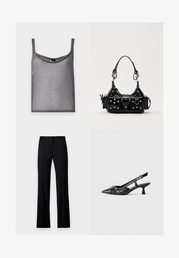 Top gri fără mâneci, realizat dintr-un material tricotat moale și texturat, cu o croială lejeră și decolteu rotund. Dispune de bretele subțiri.; Pantaloni negri cu croi drept, dintr-un material neted, cu front plat, brâuri pentru curea și fără buzunare sau embellishments vizibile.; Pantofii slingback din piele neagră, cu vârful ascuțit, curele decorative cu ochiuri din metal și toc bloc mic. Suprafață texturată.; Geantă de piele neagră cu un design curbat, dotată cu studuri argintii, o cataramă și două buzunare laterale. Curea ajustabilă pentru opțiuni de transport.