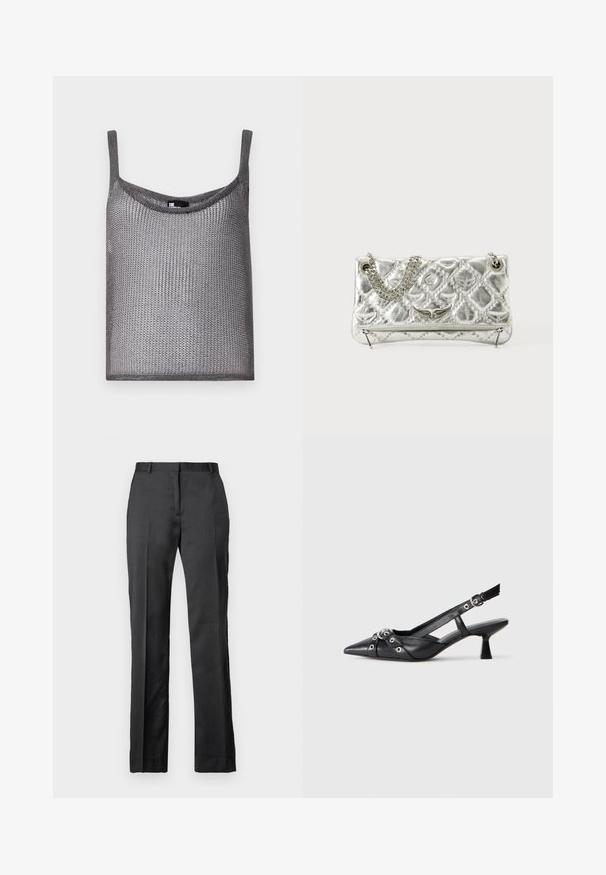 Grå ärmlös topp i mjukt, texturerat stickat tyg med lös passform och rundad halsringning. Har tunna axelremmar.; Skräddarsydda svarta byxor i en slät tyg. Har rak bendesign, platt fram och subtila veckdetaljer.; Svart lädersko med slingback-design, spetsig tå, dekorativa remmar med metallöglor och en låg klack. Texturerad yta.; Silverfärgad metallisk handväska med kedjehandtag, quiltad textur, dekorativ sömnad och dragkedjestängning. Har prägling på framsidan.