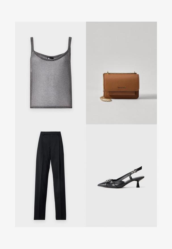 Grijs mouwloze top gemaakt van een zachte, gestructureerde brei-stof met een losse pasvorm en ronde halslijn. Voorzien van dunne schouderbandjes.; Zwarte broek gemaakt van gladde stof met een hoge taille, wijde benen, voorplooien en klassieke ceintuurlussen. Geen zijzakken zichtbaar.; Zwarte leren slingback schoen met een puntige neus, decoratieve banden met metalen oogjes en een lage blokhak. Textuur oppervlak.; Bruine lederen schoudertas met textuur, voorzien van een gouden kettingstrap en klepsluiting. De voorkant heeft een logo-detail en een zak onder de klep.