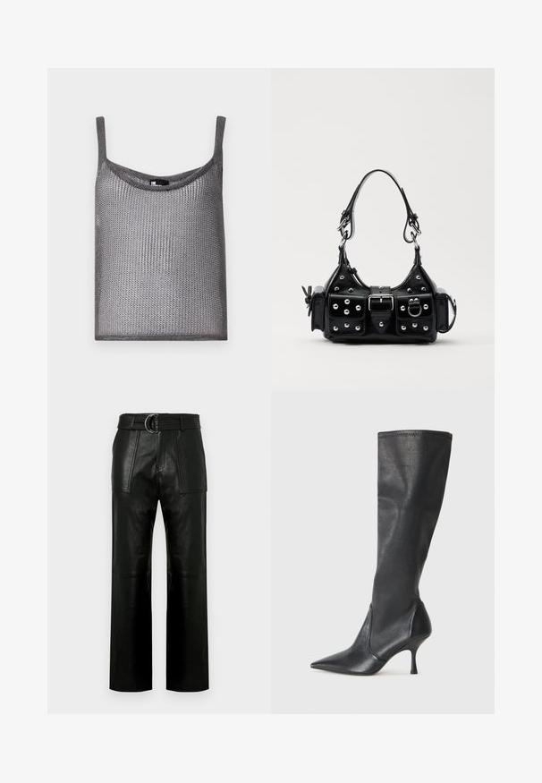 Siva bez rukava majica napravljena od mekog, teksturiranog pletenog materijala s slobodnim krojem i zaobljenim izrezom. Ima tanke naramenice.; Hlače od crne kože visokog struka s širokim nogavicama, velikim prednjim džepovima i odgovarajućim remenom s dvostrukom kopčom.; Čizme od crne kože visine do koljena s šiljastim nosom i uskim stiletto potpeticama. Glatka tekstura s tijesnim dizajnom i šavovima na gornjoj ivici.; Crna kožna torba s zakrivljenim dizajnom, koja sadrži srebrne zakovice, kopču i dva bočna džepa. Podesiva traka za različite opcije nošenja.