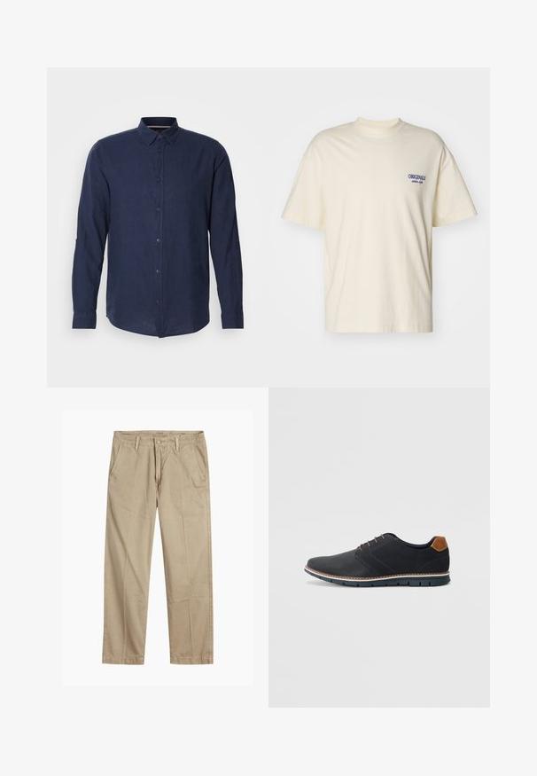 Dark navy long-sleeve shirt made of lightweight fabric, featuring a button-down collar, front buttons, and rolled cuffs for adjustable fit.; Short-sleeve cream-colored t-shirt made of cotton. Features a small blue "ORIGINALS" logo on the left chest. Classic fit and crew neck design.; Beige straight-leg chinos with belt loops, front button and zipper closure, and slant front pockets.; Black synthetic shoes with a textured upper, smooth accents, brown heel, and a contrasting sole. Features minimal lacing and stitch details.