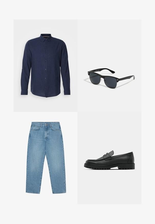 Tumši zils garām piedurknēm krekls, kas izgatavots no viegla auduma, ar pogājamu apkakli, priekšpusi ar pogām un sarullētām piedurknēm, lai pielāgotu fit.; Gaiši zili denim auduma platgala bikses ar augstu jostasvietu, ar piecām kabatām, jostu cilpām un mīkstu, nedaudz nodilušu tekstūru.; Melnas ādas loafers ar noapaļotu purngalu, ar izšūtu dizainu, zemu platformas zoli un teksturētu, rievotu gumijas ārējo zoli.; Melnas saulesbrilles ar taisnstūra formu, tumšiem stenģiem, sudraba akcentiem pie tempļiem un matētu apdari uz rāmja.
