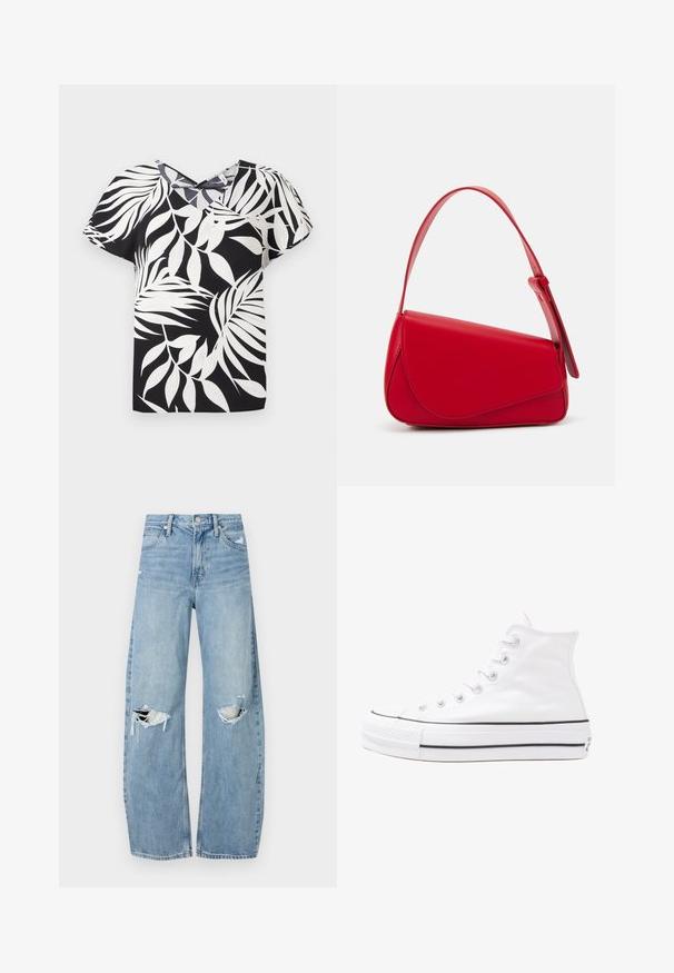 Schwarze Kurzarmbluse mit weißem Blattformmuster, ausgestattet mit einem V-Ausschnitt und strukturiertem Stoff.; Helles, hochtailliertes Jeans aus Denim. Hat weit geschnittene Beine, zwei aufgerissene Kniebereiche und klassischen Fünf-Taschen-Stil.; Weiße hochwertige Leinensneaker mit schwarzer Gummisohle, vorderem Gummizehenschutz und sechs Ösen für Schnürsenkel, die ein sauberes, minimalistisches Design aufweisen.; Rote Lederhandtasche mit einem kantigen, geometrischen Design. Verfügt über einen verstellbaren Schulterriemen und einen Klappenverschluss mit genähten Details.