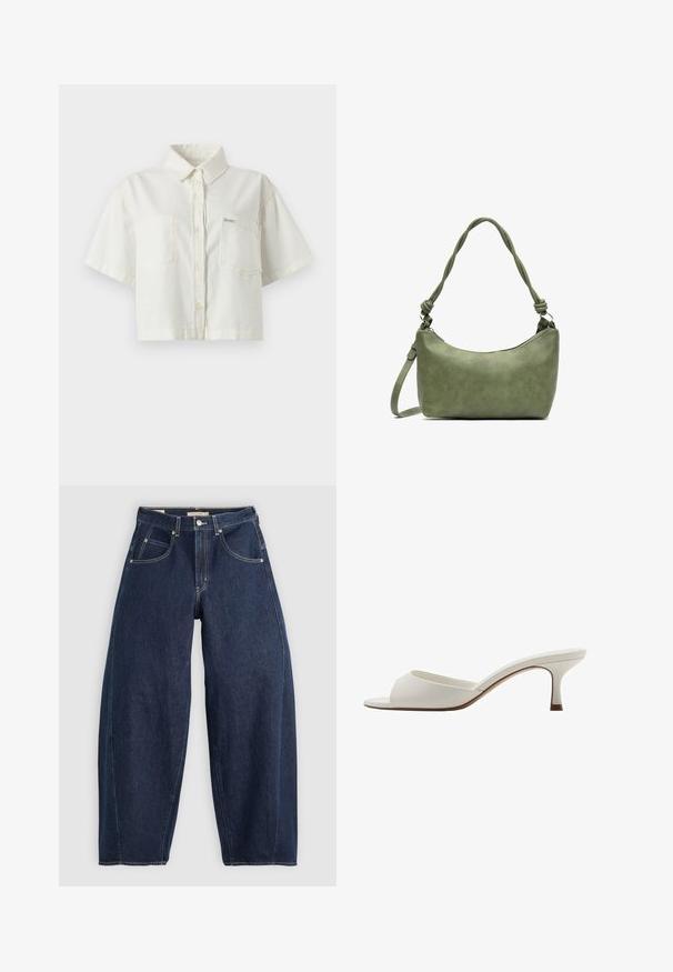 White short-sleeve collared shirt made of cotton, featuring a cropped design, two chest pockets, and a small logo label.; Dark blue denim jeans with a loose fit, light stitching, five pockets, and a button closure at the waistband.; White open-toed high-heeled mules with a smooth finish, minimalist design, and a slender heel, featuring a subtle brown accent on the sole.; Green leather handbag with a smooth texture, curved shape, and braided handle. Features a zip closure and an adjustable strap.