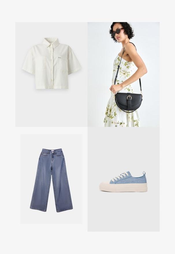 White short-sleeve collared shirt made of cotton, featuring a cropped design, two chest pockets, and a small logo label.; Wide-leg denim jeans in a light blue wash, featuring a high waist, front pockets, and a button closure with belt loops.; Light blue canvas sneakers with a cream rubber toe cap and outsole, featuring white laces and a pull tab on the heel.; Black leather handbag with a curved shape, detachable strap, and gold hardware. The bag features a flap with a buckle detail.