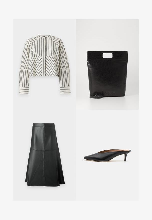 Chemise courte en crème avec des rayures verticales noires. Présente un col haut, une patte de boutonnage sur le devant et des manches longues avec des détails au niveau des poignets.; Jupe trapèze en cuir noir, texture lisse, longueur mi-mollet, avec des détails de couture horizontale à la taille et aux coutures pour un maintien supplémentaire.; Mules en cuir noir avec un bout pointu et un petit talon carré. Texture lisse avec un design épuré. Dos ouvert avec un minimum de détails.; Sac fourre-tout en cuir noir avec une poignée carrée, arborant une finition texturée et un logo en relief. Comprend une bandoulière amovible.