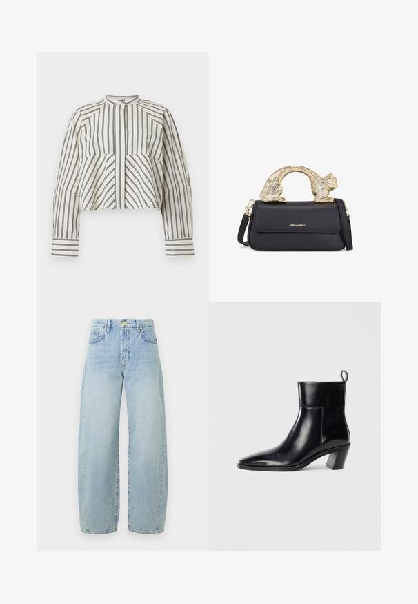Korte shirt in crème met zwarte verticale strepen. Heeft een hoge halslijn, een knoopsluiting aan de voorkant en lange mouwen met manchet details.; Lichtblauwe denim wijde jeans met een hoge taille, lichte vervaging, vijf zakken en gouden hardware. De zoom is recht en onafgewerkt.; Zwarte leren enkelboot met een spitse neus, een geometrische gestapelde hak en een trekband aan de achterkant. Gladde textuur en slank ontwerp.; Zwarte leren handtas met een gouden kat-vormige handgreep, voorzien van een voorflap, verstelbare schouderband en logo-detail aan de onderzijde van de voorkant.