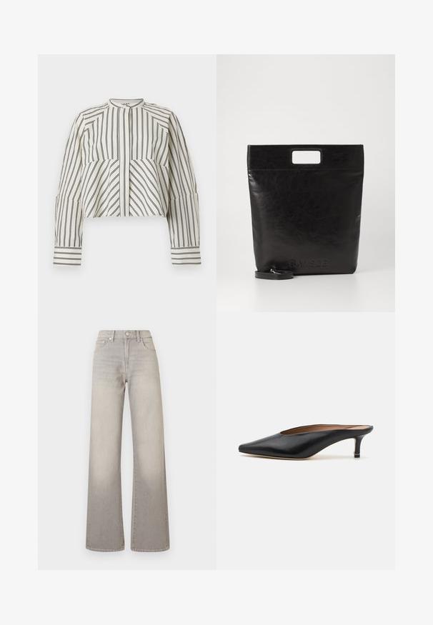 Cropped-Shirt in Creme mit schwarzen vertikalen Streifen. Verfügt über einen hohen Ausschnitt, eine Knopf-Leiste vorne und lange Ärmel mit Manschetten-Details.; Graue weit geschnittene Jeans mit einem verblassten Finish, Knopfverschluss, fünf Taschen und gestickten Details entlang der Nähte.; Schwarze Leder-Mules mit spitzem Zehenbereich und niedrigem Blockabsatz. Glatte Textur mit elegantem Design. Offene Rückseite mit minimaler Gestaltung.; Schwarze Leder-Tote-Tasche mit einem quadratischen Griff, ausgestattet mit einer strukturierten Oberfläche und geprägtem Logo. Inklusive abnehmbarem Tragegurt.