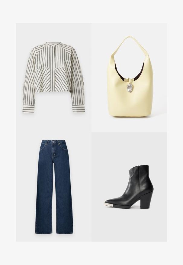 Cropped shirt in cream with black vertical stripes. Features a high neckline, front button placket, and long sleeves with cuff details.; Wide-leg jeans made of dark denim. Features a classic five-pocket design, button closure, and subtle fading at the knees.; Black leather ankle boot with a pointed toe, high block heel, and silver toe cap detail. Smooth texture and simple design.; Hobo bag in soft yellow leather with a rounded shape. Features a smooth finish, dark inner lining, and a silver-toned accent at the closure.