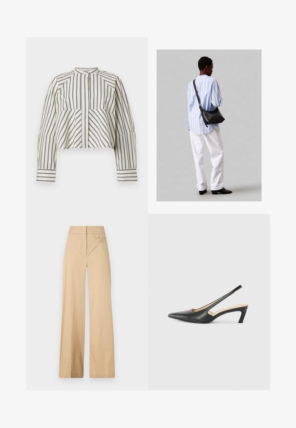 Krótka koszula w kremowym kolorze z czarnymi pionowymi paskami. Posiada wysoki dekolt, zapięcie na guziki z przodu oraz długie rękawy z wykończeniem przy mankietach.; Beżowe spodnie typu wide-leg wykonane z mieszanki bawełny. Charakteryzują się gładką teksturą, elastycznym pasem i detalem z guzikiem z boku.; Czarny but na obcasie typu slingback z ostro zakończonym noskiem, z niskim obcasem, wykonany z gładkiej skóry, z wycięciem po boku dla lepszej wentylacji.; Czarna skórzana torba na ramię o miękkiej fakturze, w kształcie trójkąta, z regulowanym paskiem, połączona z jasnoniebieską koszulą w paski i białymi spodniami.