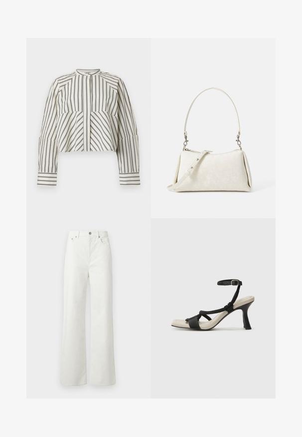 Camicetta corta color crema con righe verticali nere. Presenta un colletto alto, una abbottonatura frontale e maniche lunghe con dettagli ai polsini.; Samsøe Samsøe SHELLY - Jeans baggy - clear cream; Sandal con tacco nero e design con cinturino intrecciato, punta quadrata e cinturino alla caviglia regolabile. Soletta beige chiaro con tacco nero lucido.; Borsa bianca con texture liscia, silhouette curva e tracolla regolabile. Presenta un sottile motivo con logo e accenti in metallo argentato.
