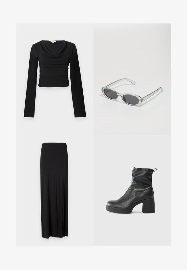 Top preto de mangas longas com decote drapeado e tecido texturizado; design justo, cortado na cintura, com costuras suaves e planas.; Saia maxi preta feita de material suave e elástico. Apresenta uma fenda lateral e um design simples e elegante, sem adornos.; Botas de tornozelo pretas feitas de couro liso, com fecho lateral, salto grosso texturizado e design de bico arredondado.; Óculos de sol com formato oval, armação de plástico transparente, lentes cinza-escuro e hastes finas transparentes com detalhes do logótipo e um design minimalista.