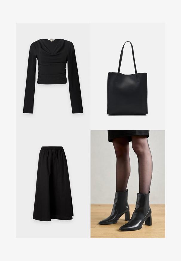 Top negru cu mâneci lungi, cu decolteu în formă de cowl și țesătură texturată; design ajustat, scurtat la talie, cu cusături netede și plate.; Fustă neagră, până la genunchi, dintr-un material ușor, cu un brâu elastic și o siluetă lejeră, în formă de A. Nu are modele vizibile.; Botine negre din piele, cu vârful ascuțit, toc pătrat masiv și un design elegant. Au panouri laterale elastice pentru o îmbrăcare ușoară.; Geantă tote neagră din piele, cu textură netedă, formă rectangulară și două mânere lungi. Fără hardware vizibil sau ornamente.