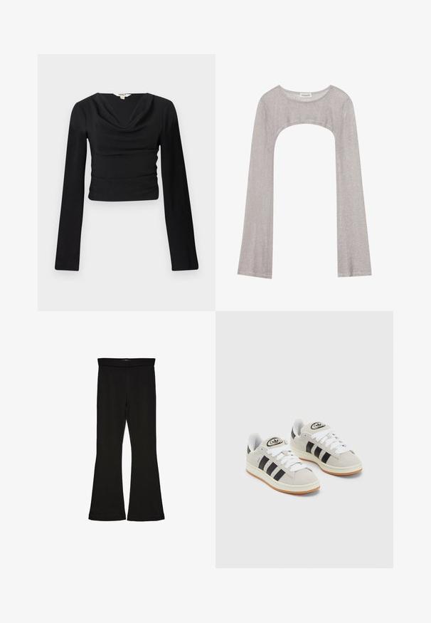 Czarna bluzka z długim rękawem, z dekoltem w łódkę i teksturowanym materiałem; dopasowany krój, krótka do talii, z gładkimi, płaskimi szwami.; Srebrny top z długim rękawem o okrągłym dekolcie i wycięciem poniżej. Wykonany z teksturowanej tkaniny, charakteryzujący się dopasowanym krojem i rozszerzanymi rękawami.; Czarne legginsy w stylu dzwonów wykonane z elastycznej tkaniny. Posiadają szeroki pas i gładką teksturę, z dopasowanym krojem, który rozszerza się ku dołowi.; Szare zamszowe trampki z białymi sznurówkami, czarnymi paskami i białą gumową podeszwą. Posiadają okrągłe logo na języku oraz gumową podeszwę.