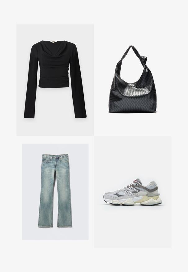 Czarna bluzka z długim rękawem, z dekoltem w łódkę i teksturowanym materiałem; dopasowany krój, krótka do talii, z gładkimi, płaskimi szwami.; Srebrny top z długim rękawem o okrągłym dekolcie i wycięciem poniżej. Wykonany z teksturowanej tkaniny, charakteryzujący się dopasowanym krojem i rozszerzanymi rękawami.; Jasnoniebieskie dżinsy z lekkim przetarciem, pięć kieszeni, zapięcie na guzik i proste nogawki na białym tle.; Szare zamszowe i siateczkowe sneakersy z grubą białą i beżową podeszwą, z wyraźnym białym logo i czerwonymi akcentami.; Czarna, pleciona skórzana torba o luźnym fasonie, z węzełkowym paskiem i małym dekoracyjnym złotym ćwiekiem na górze.