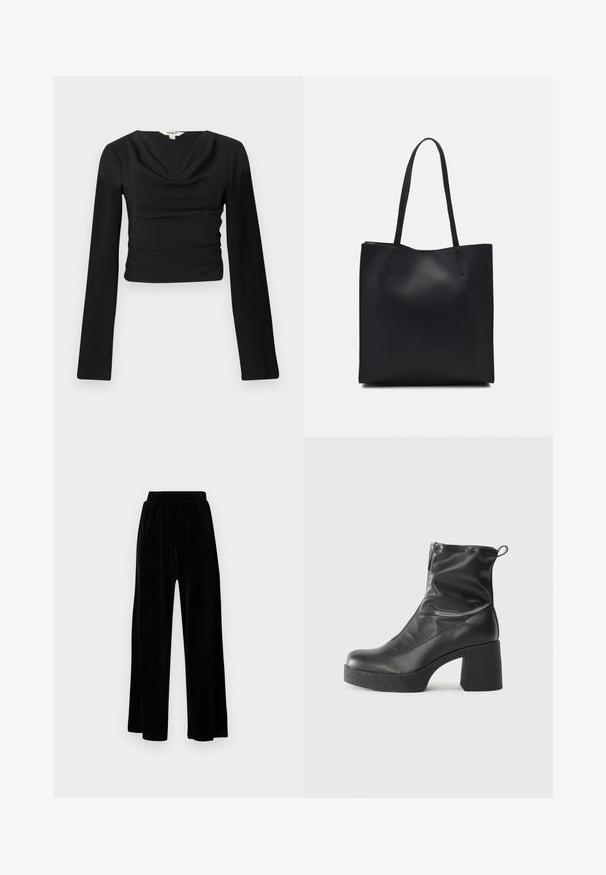 Top preto de mangas longas com decote drapeado e tecido texturizado; design justo, cortado na cintura, com costuras suaves e planas.; Calças largas pretas feitas de veludo suave, com um cós elástico e uma textura lisa, sem detalhes ou padrões visíveis.; Botas de tornozelo pretas feitas de couro liso, com fecho lateral, salto grosso texturizado e design de bico arredondado.; Bolsa tote preta em couro com textura lisa, forma retangular e duas alças longas. Sem hardware ou enfeites visíveis.