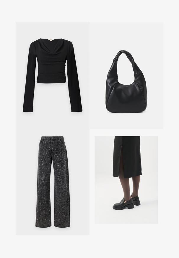 Czarna bluzka z długim rękawem, z dekoltem w łódkę i teksturowanym materiałem; dopasowany krój, krótka do talii, z gładkimi, płaskimi szwami.; Noisy May NMJANNEL czarny denim; Czarne skórzane buty z okrągłym noskiem, grubym blokowym obcasem i elastycznymi akcentami po bokach, zestawione z ciemnymi rajstopami i czarną spódnicą z rozcięciem.; Czarna torba hobo wykonana z gładkiego, skóropodobnego materiału z twisted uchwytem, o miękkim, zaokrąglonym kształcie i górnym zapięciem na zamek.