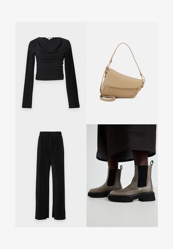 Top negru cu mâneci lungi, cu decolteu în formă de cowl și țesătură texturată; design ajustat, scurtat la talie, cu cusături netede și plate.; Pantaloni negri plisati cu talie elastică. Prezintă picioare largi și un material neted, texturat, cu dungi verticale.; Boots gri din piele texturată, la nivelul gleznei, cu panouri elastice pe laterale și o talpă groasă neagră. Au accesorii pentru a fi purtate cu ușurință.; Even&Odd Geantă de mână - beige