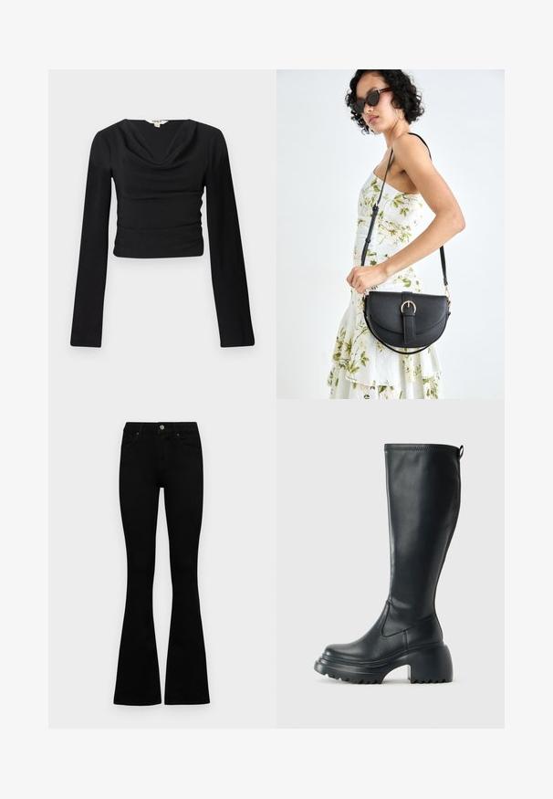 Fekete, hosszú ujjú felső, csónaknyakkal és textúrált anyaggal; derékig érő, testhez simuló fazon sima, lapos varrásokkal.; Fekete, magas derekú farmernadrág gomb- és cipzárzárral, elülső zsebekkel és harangszárral, laposan egy fehér háttérre terítve.; Magas fekete bőrcipő, vastag platform talppal és blokk sarokkal, húzófüllel és texturált profillal az outsole-on.; Fekete bőrtáska ívelt formával, levehető pánttal és arany színű fémrészekkel. A táskán egy csattal díszített fedél található.
