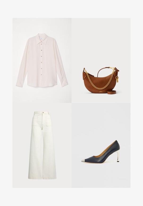 Hosszú ujjú bézs blúz, hegyes gallérral, elöl gombos záródással és puha, sima anyaggal. Gombos mandzsettái és laza szabása van.; Széles szárú farmernadrág off-white denim anyagból. Magas derekú dizájn, gombos záródással, két elülső zsebbel és kontrasztos varrási részletekkel.; Tengerészkék bőrből készült magas sarkú cipő hegyes orral, ezüst metál kötéssel és fényes ezüst magas tűsarokkal.; Barna bőr kézi táska íves kialakítással, arany lánc pánttal, belső zsebbel és leválasztható vállpánttal. Kontrasztos varrás jellemzi.