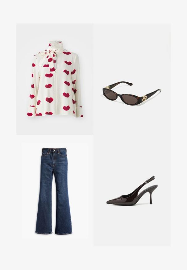 Weiße langärmlige Bluse mit hohem Kragen und Schleife. Zeigt ein rotes Lippenmuster auf dem Stoff. Leicht und mit glatter Textur.; Hochtaillierte dunkelblaue Jeans mit ausgestellten Beinen, Vorderknopf- und Reißverschluss sowie Fünf-Taschen-Design.; Slingback-Pumps aus glänzendem dunklen braunen Lackleder, mit spitzer Zehenpartie, offenen Seiten und verstellbarem Knöchelriemen.; Schildpatt-Sonnenbrille mit länglich-ovalen Gläsern, braunem Farbton, goldenen Logo-Akzenten an den Bügeln und schlanken schwarzen Bügeln.