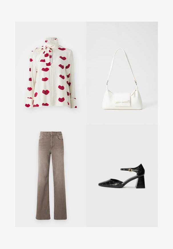 Valge pika varrukaga pluus kõrge krae ja lipsuga. Kangast kulgeb punane huuleprindiga muster. Kerge, sile tekstuur.; Pruunid kõrge vöökohtadega sirged teksad, millel on ees nupp, vöölõngad ja klassikaline viie tasku disain valgel taustal.; Must musta mustad kõrge kontsaga king, millel on terav nina, pahkluu rihm ja tekstureeritud krokodillimuster. Ruudukujuline ploki konts.; Valge sünteetilisest materjalist kott kolmnurkse kujuga, lame esiklapiga ja kaaredetailiga, reguleeritava rihmaga, sileda tekstuuriga ja minimalistliku disainiga.