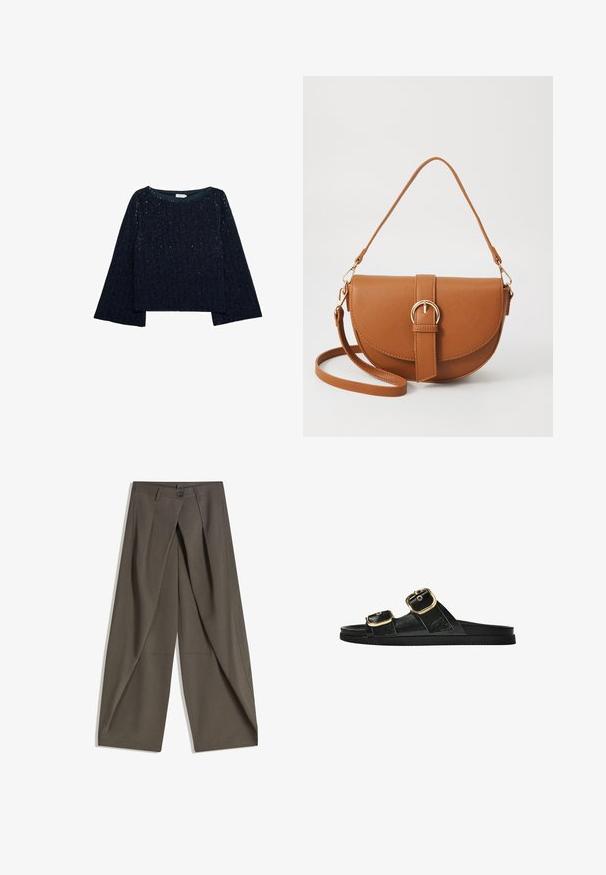 Granatowy, krótki sweter z rozkloszowanymi długimi rękawami, teksturowana tkanina, z subtelnymi akcentami połysku. Okrągły dekolt, luźny krój.; Spodnie o szerokich nogawkach wykonane z teksturowanej, ciemnoszarej tkaniny. Posiadają fałdy z przodu, zapięcie na guzik oraz boczne kieszenie dla wygody.; Czarne klapki z dwoma złotymi klamrami, gładki materiał, płaska podeszwa i minimalistyczny design.; Brązowa skórzana torba na ramię o zaokrąglonym kształcie, ze złotymi akcentami i zapięciem w formie klamry. Posiada odpinany pasek na ramię.