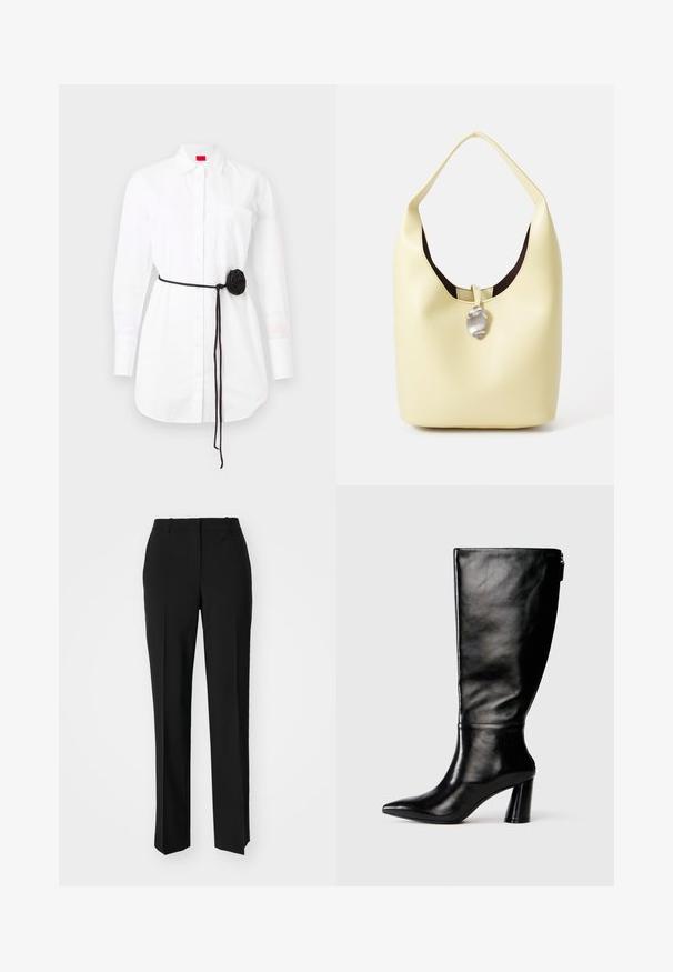 Valge nööpidega särk pika varrukaga, rinnatasku ja must riidest vöö, millel on roseti detail. Puuvillane materjal sujuva tekstuuriga.; Mustad ja sirged püksid, millel on sile tekstuur ja teravad voldid esiosas. Ilma nähtavate detailideta.; Knee-high musta nahksaabas terava nina, siledat pinnad ja paks konts. Tagaküljel on tõmblukk.; Pehmeast kollasest nahast hobo-kott, millel on ümar kuju. Omab siledat viimistlust, tumedat sisemist voodrit ja hõbedase tooni detaili sulgemisel.