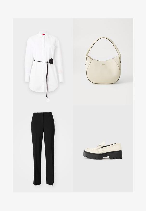 Fehér, hosszú ujjú, gombos ing, mellzsebkendővel és fekete szövet övvel, amely rózsa részlettel rendelkezik. Pamut anyag, sima textúrával.; Fekete, testhezálló nadrág egyenes szárú kivitelben, sima textúrával és éles redőkkel az elején. Nincs látható fémalkatrész.; Fehér bőr lófarok, vastag fekete platform talppal, téglalap alakú ezüst csattal és látható varrás részletekkel a felső részen.; Krém színű kézi táska texturált felülettel, ívelt formával, rövid fogantyúval és arany színű logó részlettel. Cipzáros záródás a tetején.