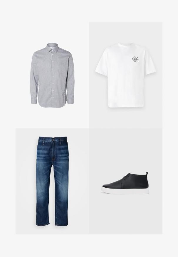 Camisa de manga longa às riscas azuis e brancas com colarinho abotoado, botões à frente e detalhes nos punhos, feita de um tecido leve.; T-shirt de algodão branco com mangas curtas, gola redonda, apresentando um logo CK preto na área do peito esquerdo, ajuste padrão, textura suave.; Calças de ganga de perna reta em azul escuro, com desbotamento sutil nas coxas e fecho de botão na cintura, exibidas sobre um fundo branco.; Sapatilhas altas de couro preto com um acabamento suave, sola de borracha branca e um design simples de atacadores. Apresenta uma alça na parte de trás.