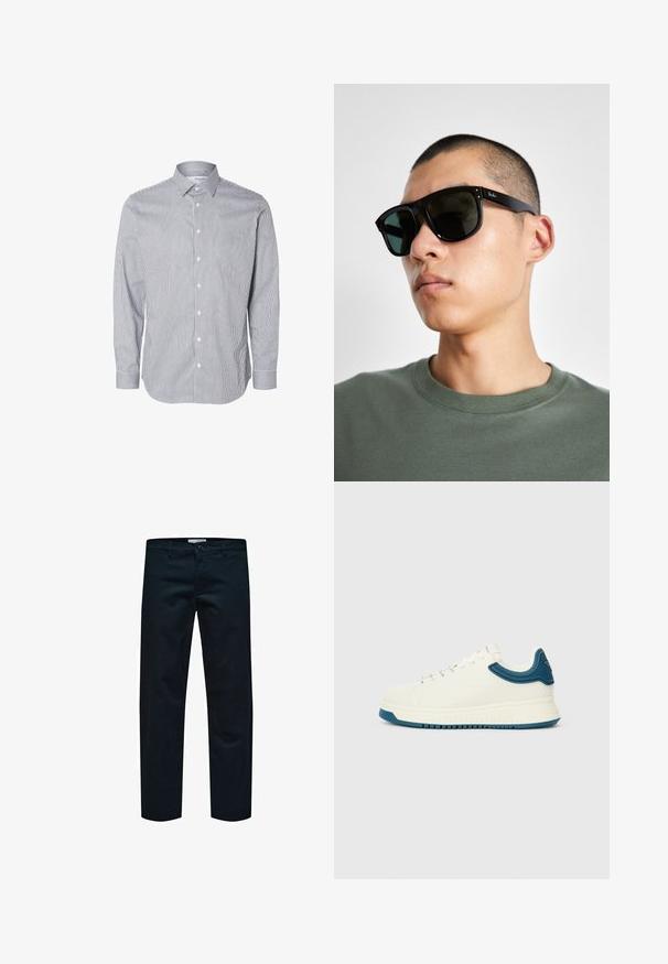 Sinine ja valge triibuline pika varrukaga särk, millel on nööbid kaelas, esiosal ning mansetites, valmistatud kergetest materjalidest.; Mustadest puuvillast pükstest sirge jala disainiga, millel on lihtne nööbi sulgemine ja tavalised taskud. Sile tekstuur ja nähtavaid mustreid pole.; Valged tossud sileda viimistlusega, sinised tekstuuriga aktsendid krae ümber ja paks tall. Omavad ümmarguseid paelu ja madalat disaini.; Mustade ristküliku kuju prillid tumedate läätsedega, millel on eriline kuju ja bränding templil. Kanda inimese poolt, kellel on seljas roheline särk.