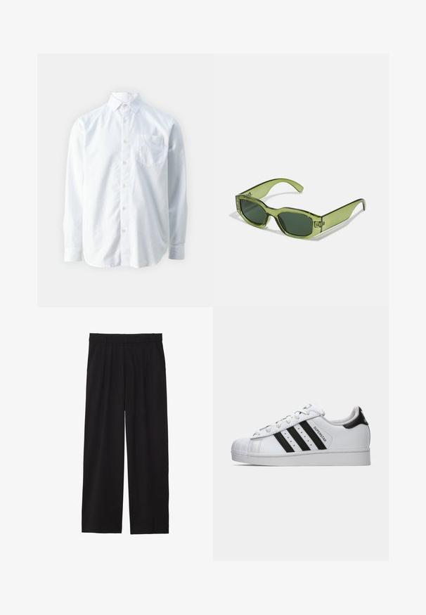 Guess COLLIN - Button down-skjorte - pure white; Svarte vide bukser med plisserte detaljer foran, sidelommer, og en glatt tekstur. Designet for en avslappet passform.; Hvit Adidas Superstar-sneaker med svarte striper, skalltå og "Superstar"-tekst på siden, vist i venstre profil på hvit bakgrunn.; Grønne, gjennomsiktige solbriller med rektangulær ramme, mørkegrønne linser og en logodatatovering på siden. Glatt tekstur og moderne design.