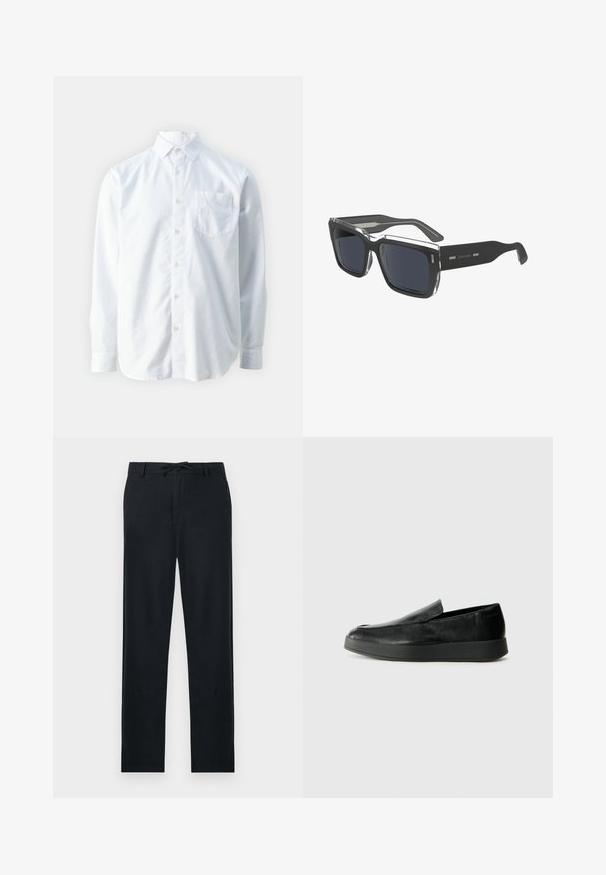 Guess COLLIN  - Camicia - pure white; Pantaloni neri realizzati in un materiale leggero, con una vestibilità dritta, vita regolabile con cordino e due tasche laterali.; Calvin Klein HYBRID CUP - Scarpe senza lacci - triple black; Occhiali da sole neri rettangolari con lenti grigio scuro, dotati di una punta del telaio trasparente e di un'asta elegante di colore nero solido. Logo "Calvin Klein" sull'asta.